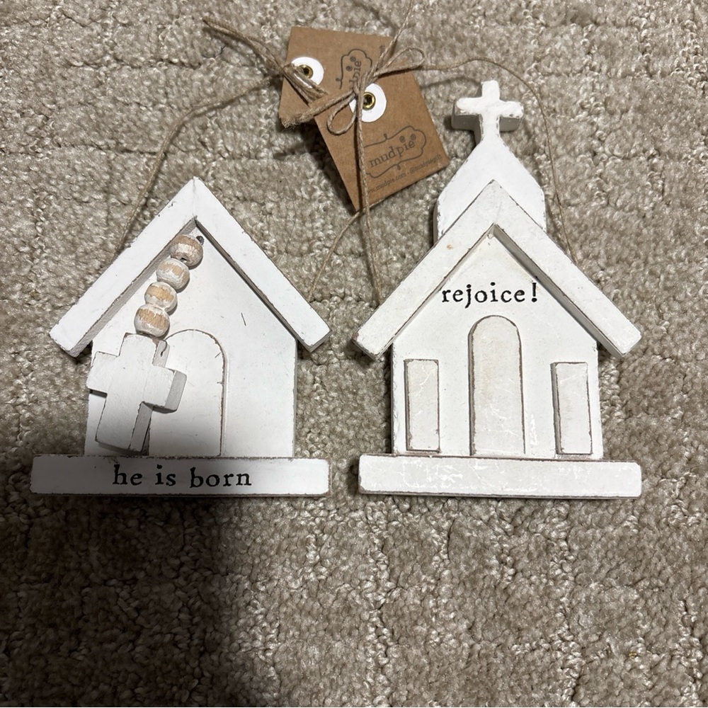 NWT Mud Pie He Is Born Rejoice Church Wood Christmas Ornaments Set 2